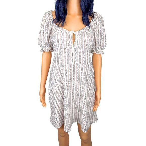 TOPSHOP Textured Stripe Puff Sleeve Milkmaid Stretchy Mini Dress 10 Medium - Picture 2 of 6